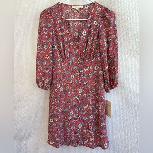 BeBop Red Floral Smocked Waist Mini Dress Long Sleeve V-Neck XS NWT